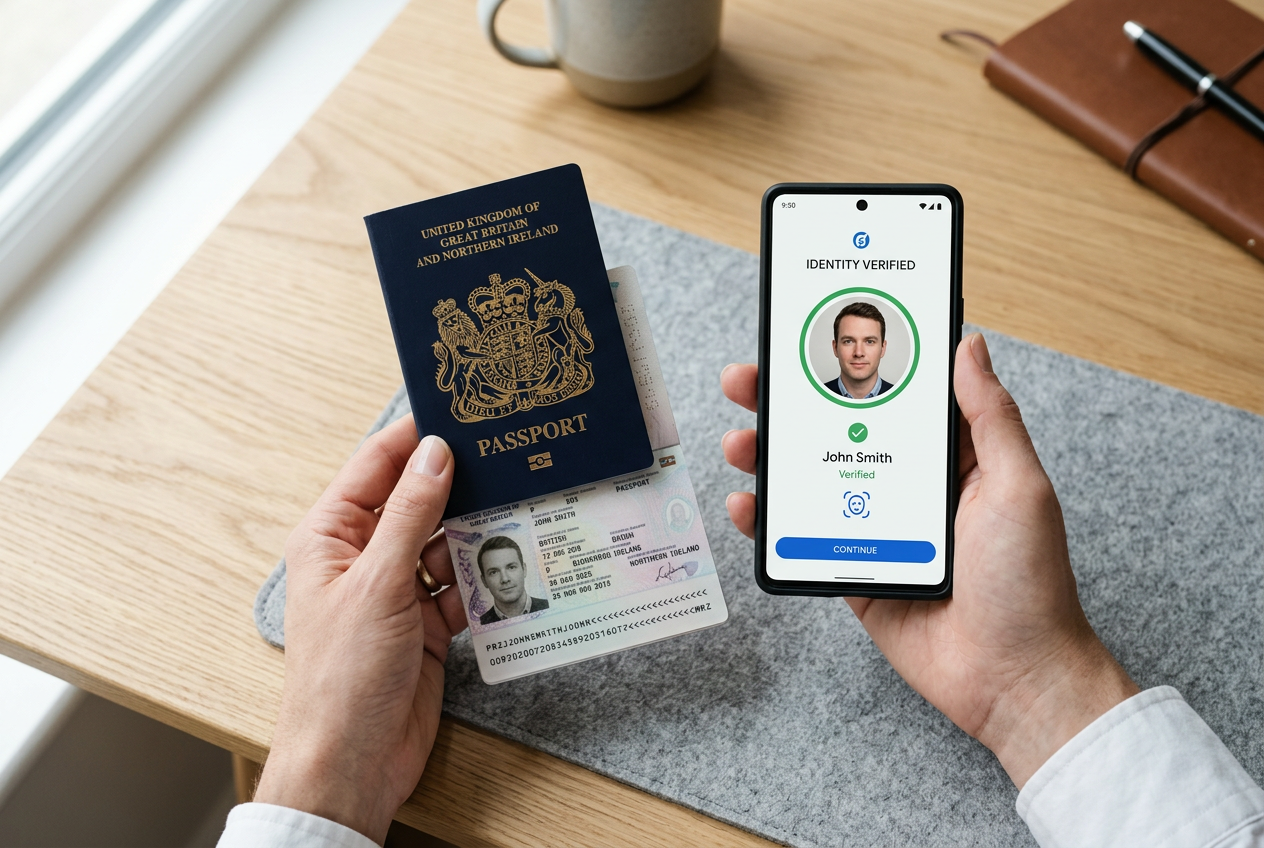 A person holding a modern biometric passport next to a smartphone with a security verification app.