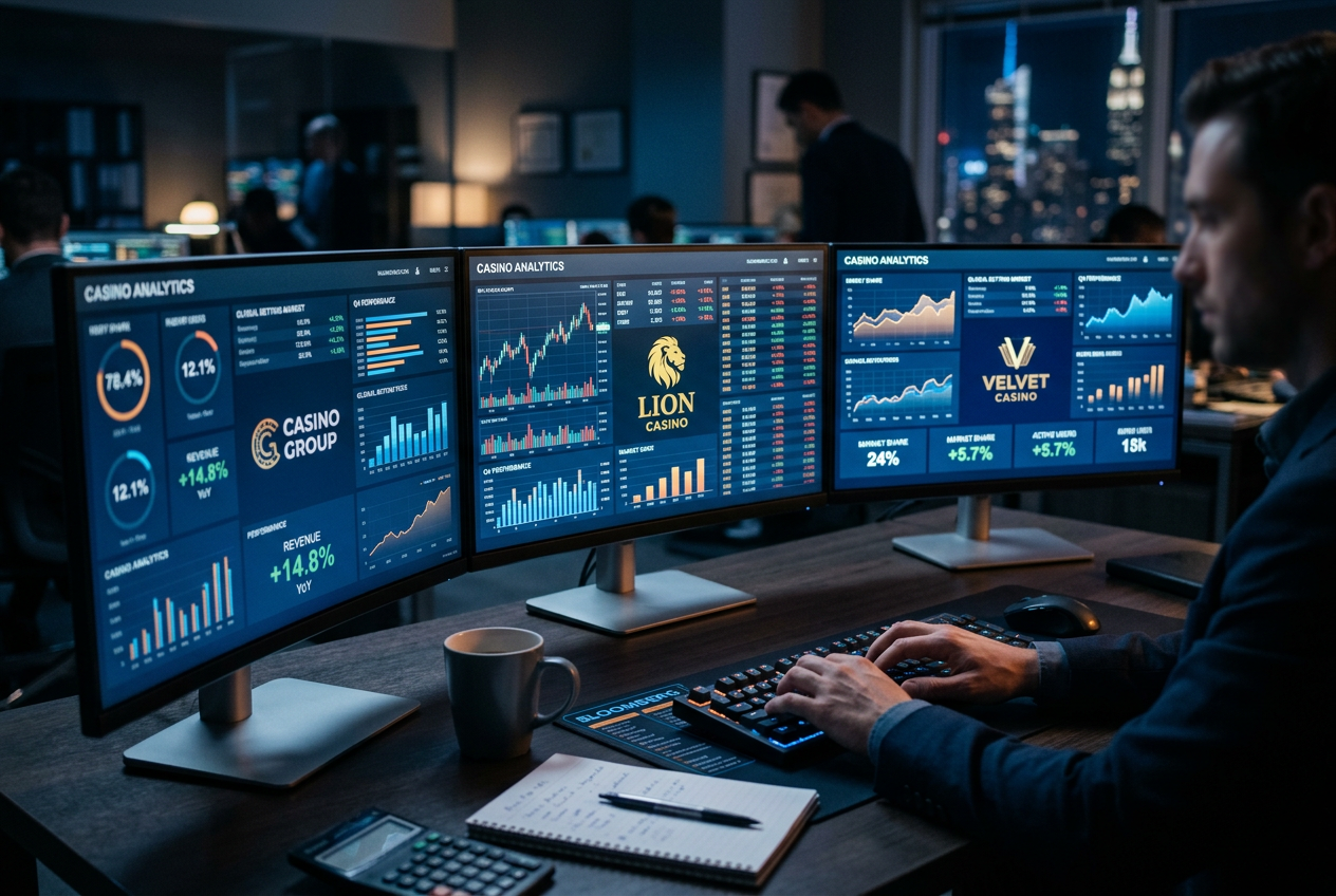 A professional financial analyst reviewing casino payout statistics on multiple screens.